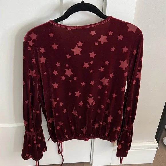 Vintage Havana Maroon Velvet Star Burnout Long Bell Sleeve Wrap Blouse Medium - Picture 5 of 6